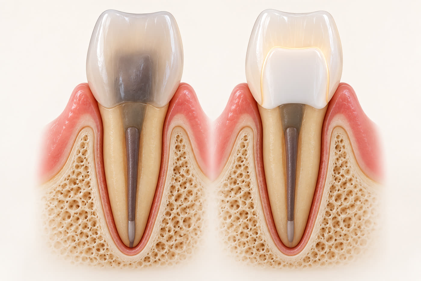 Left: an all-ceramic crown. Right: PFZ. On a tooth darkened by a root canal, an all-ceramic crown can let the color show through, so we use PFZ, whose zirconia core hides the dark color (illustration).