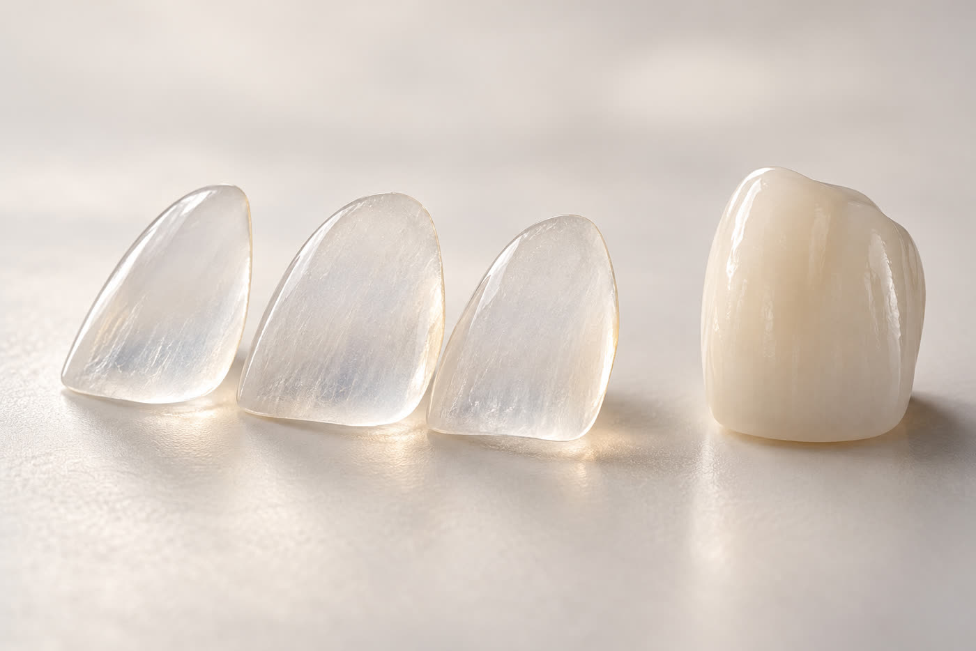 Left: thin e.max veneers. Right: a crown that covers the whole tooth (illustrative image).