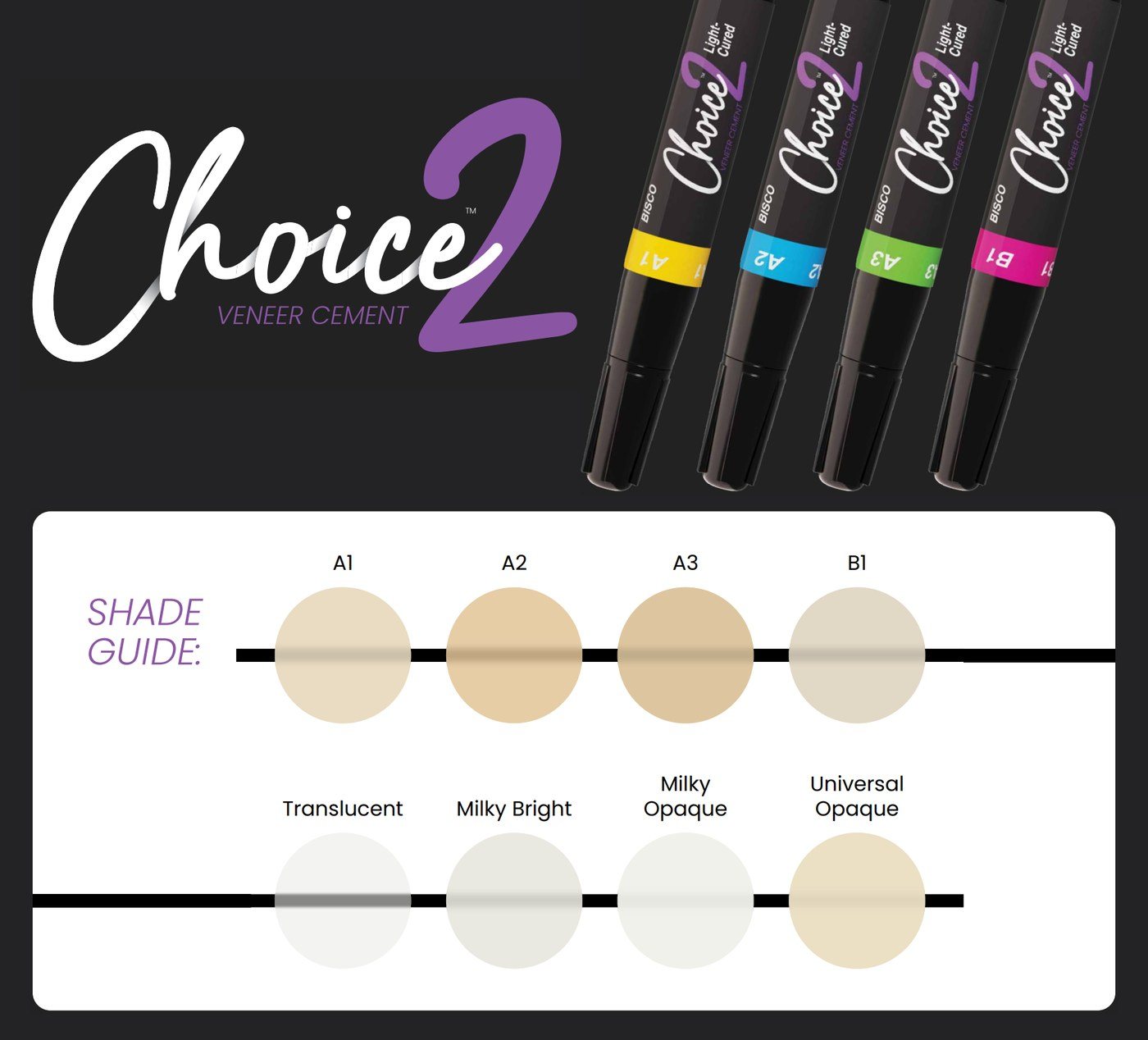 The veneer cement we use, Choice 2: we keep six shades on hand and try them in on bonding day before choosing. (Image: BISCO Choice 2 brochure)