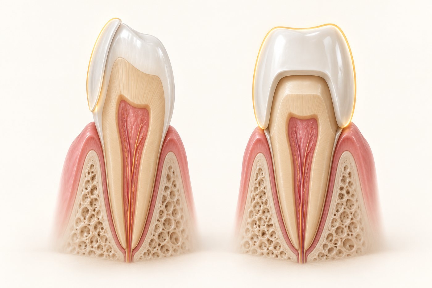 The gold line shows the ceramic. A veneer covers only the front surface, so it needs far less tooth reduction than a crown, sometimes none. Actual reduction depends on the tooth (illustration).